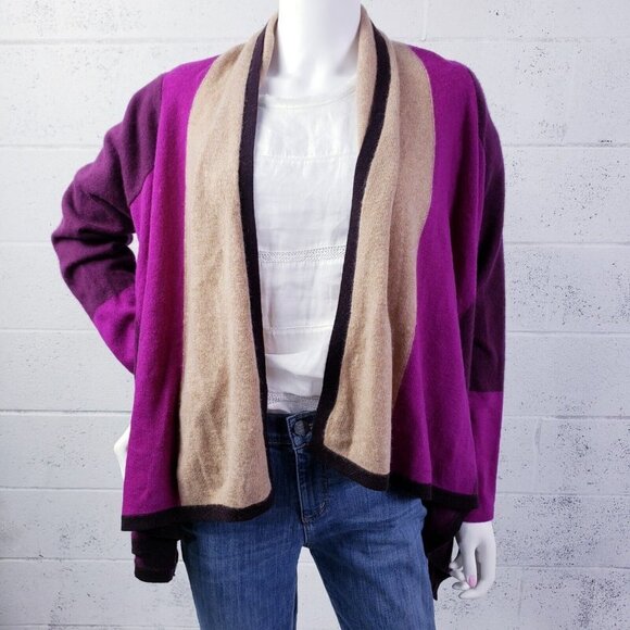 Charter Club Luxury Cashmere Colorblock Cardigan Purple Tan Womens Medium Draped - Picture 1 of 9